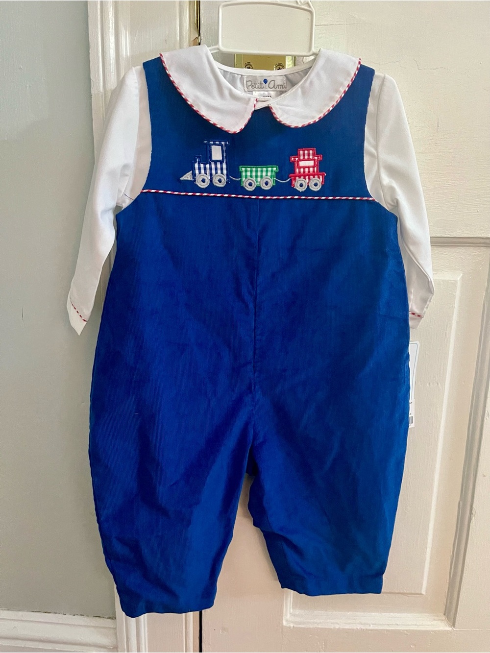 Petit Ami Navy Blue Train Appliqué Romper with White Collar